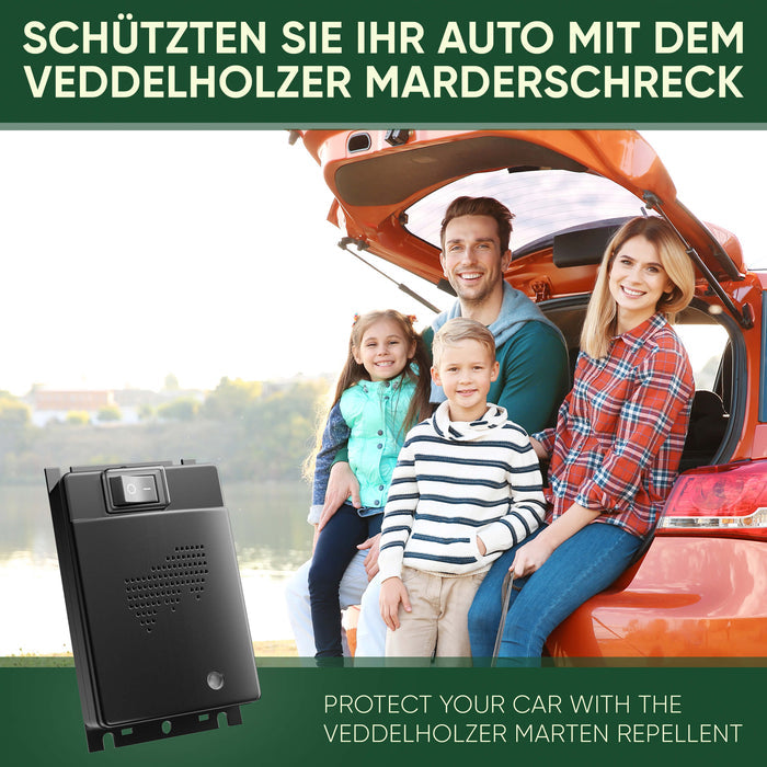 Familie mit zwei Kindern sitzt in der offenen Heckklappe eines orangefarbenen Autos am See, links das Gerät