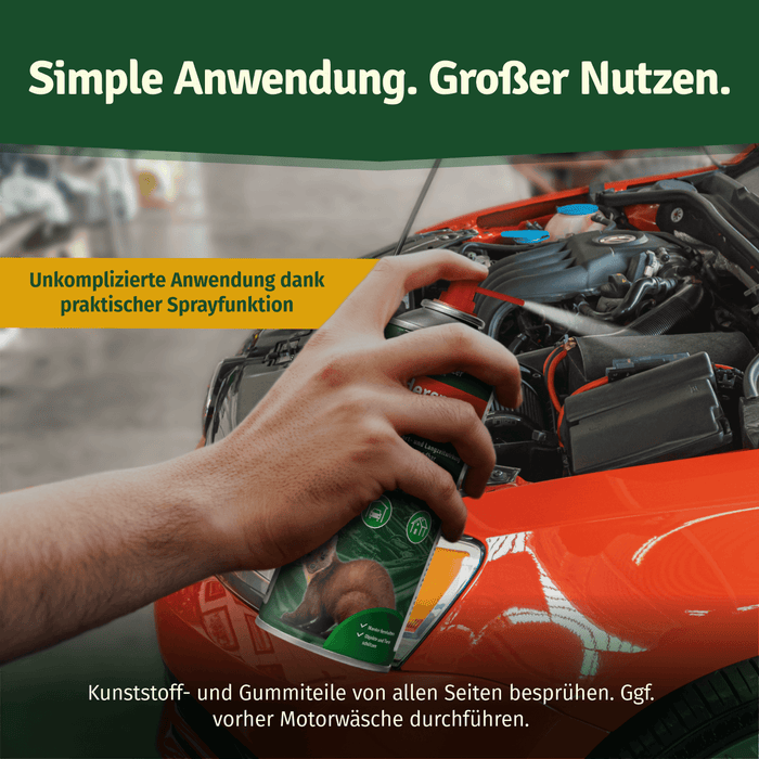 Hand sprüht die Dose in den Motorraum eines orangefarbenen Autos, Kunststoff- und Gummiteile von allen Seiten