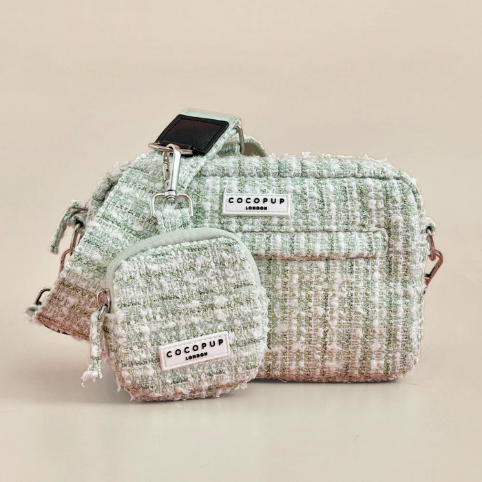 Matcha green textured tweed dog walking bag bundle with treat pouch, displayed on a beige background.
