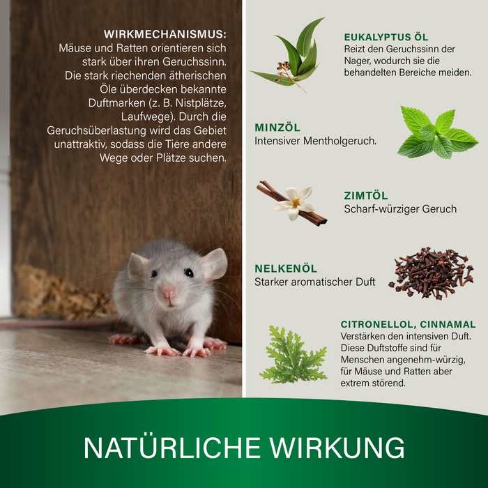 Maus am Boden, daneben die Wirkstoffe: Eukalyptus-, Minz-, Zimt- und Nelkenöl sowie Citronellol und Cinnamal