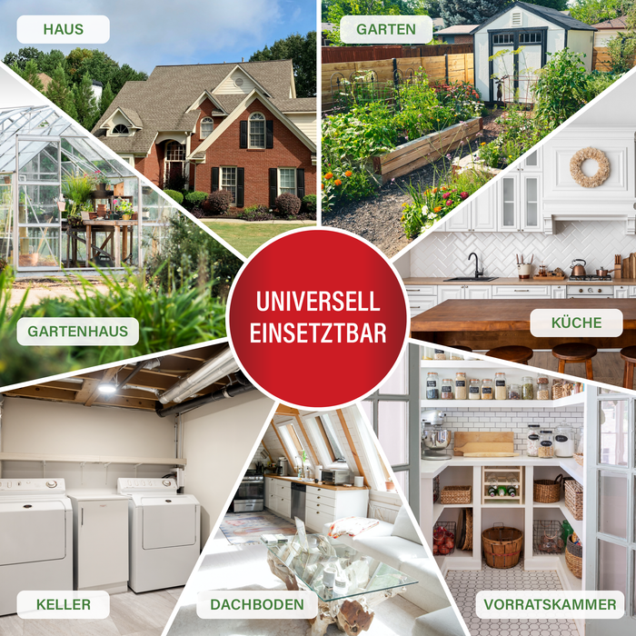 Sieben Einsatzorte im Bilderkranz: Haus, Garten, Gartenhaus, Küche, Keller, Dachboden und Vorratskammer