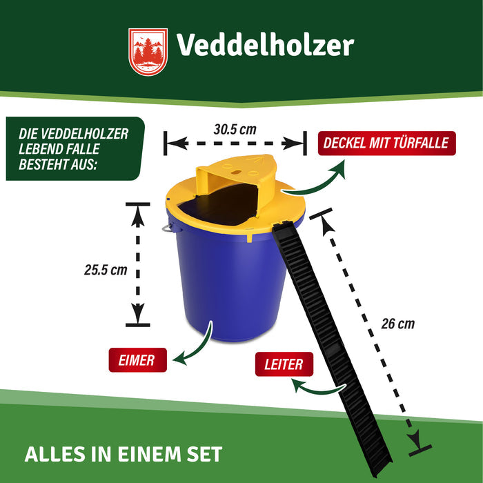 Bestandteile mit Maßen: Eimer 25,5 cm hoch und 30,5 cm breit, Deckel mit Türfalle und 26 cm lange Leiter