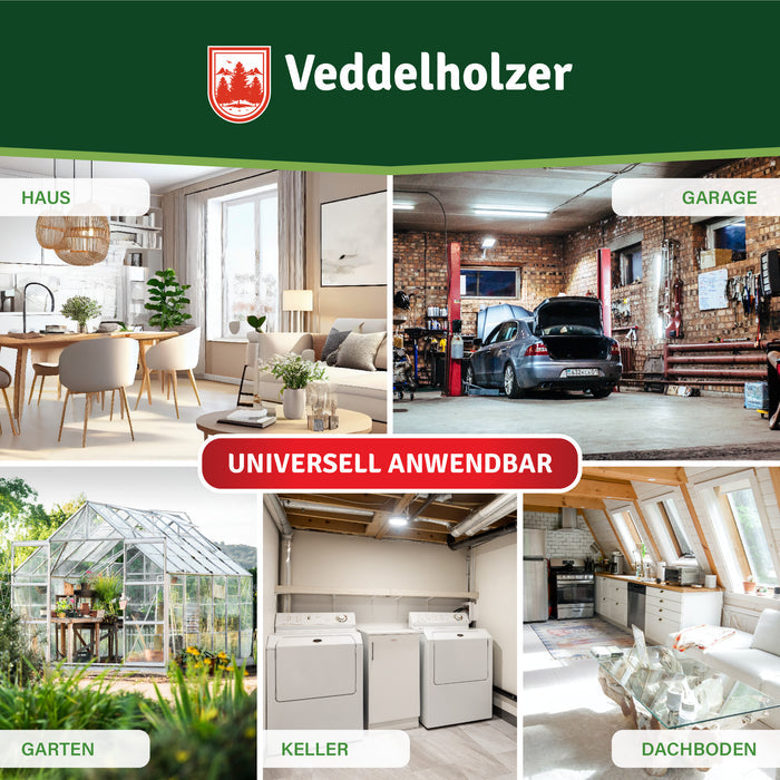 Fünf Einsatzorte im Bildraster: Haus, Garage, Garten, Keller und Dachboden