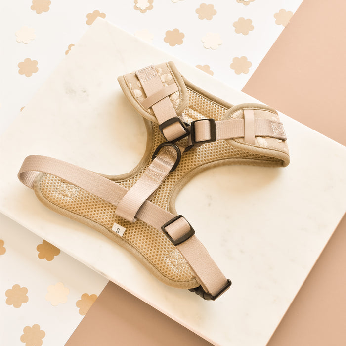 A Cocopup London Luxe Adjustable Neck Harness in Mocha Flower is showcased against a white marble surface. The backdrop presents a pattern of light brown and white floral designs on a beige base, reflecting the elegance of the Mocha Flower LUXE collection. This small-size, adjustable-straps-and-buckles harness highlights chic dog accessories.
