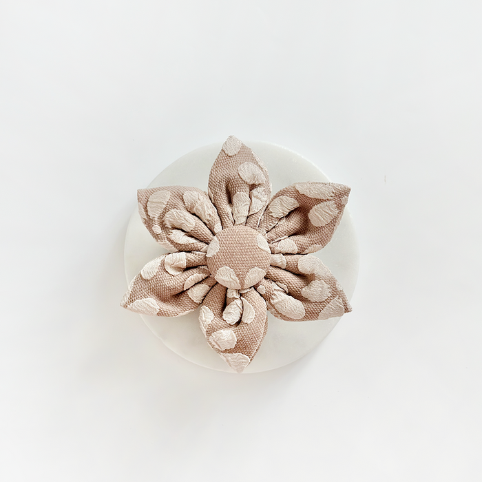 Beige five-petal fabric collar flower with white polka dots from Cocopup London.