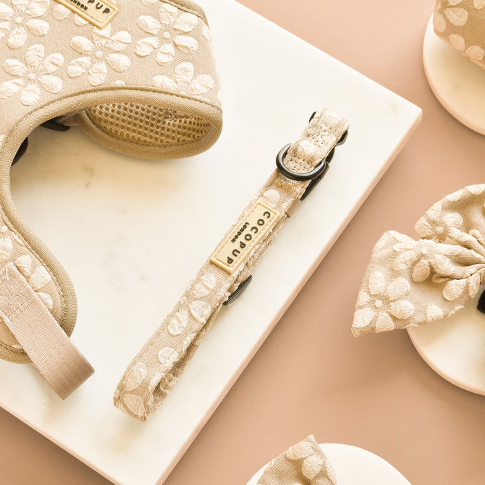 Mocha Flower Luxe dog collar by Cocopup London, floral pattern, displayed on a white and beige background.