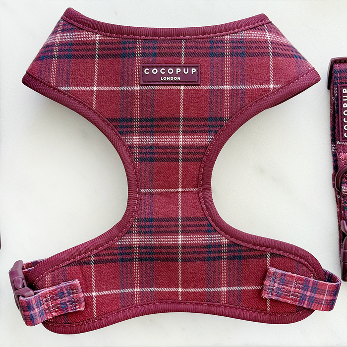 Cocopup London set with adjustable harness, lead, and collar in mulberry plaid pattern.