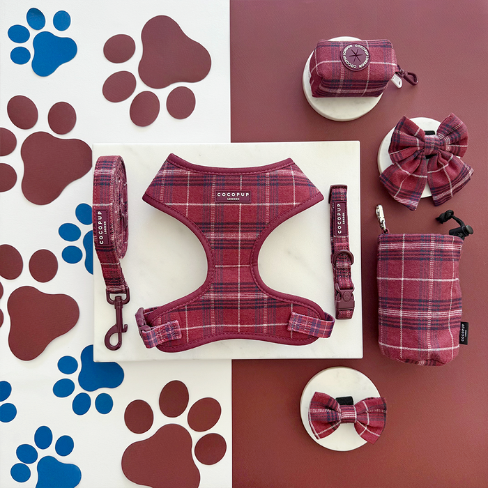Mulberry plaid harness, collar, and lead bundle by Cocopup London on a split paw print background.