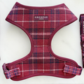 Mulberry plaid adjustable neck harness with gold hardware by Cocopup London on a white background.