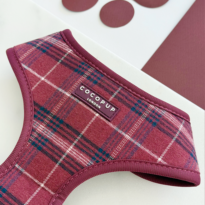 Mulberry plaid adjustable neck harness with burgundy and white check pattern, shown on matching background.