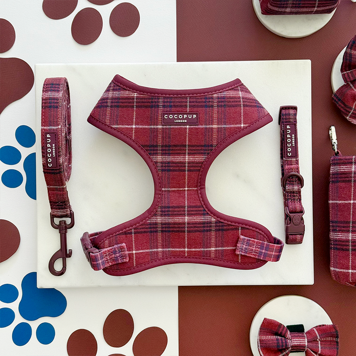Cocopup London adjustable neck harness set in mulberry plaid, shown on a white marble surface.