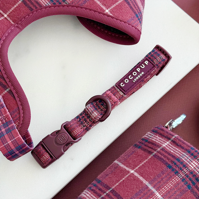 Mulberry plaid dog collar with a safety lock buckle, shown on a matching patterned background.