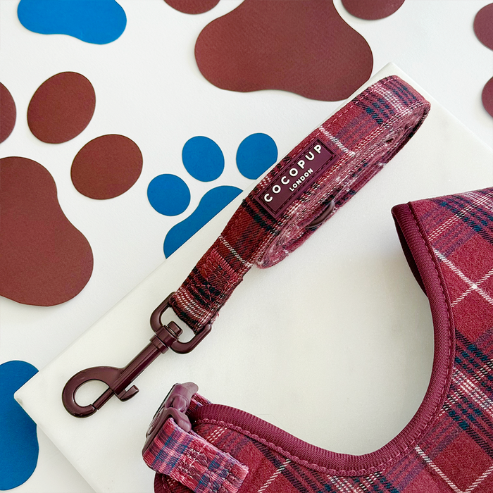 Cocopup London dog lead in mulberry red plaid pattern with sturdy metal clasp, designed for small breeds.