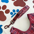 Cocopup London dog lead in mulberry red plaid pattern with sturdy metal clasp, designed for small breeds.