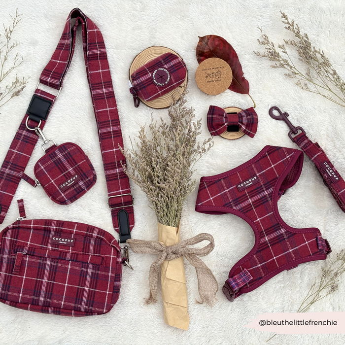 Mulberry plaid bag strap, matching bowtie, leash, collar, and dried flowers arranged on a light background.