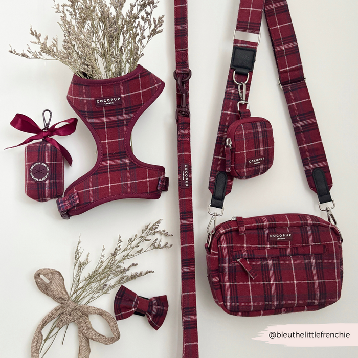 Mulberry plaid Cocopup London dog walking bag with matching dog accessories on a white surface.