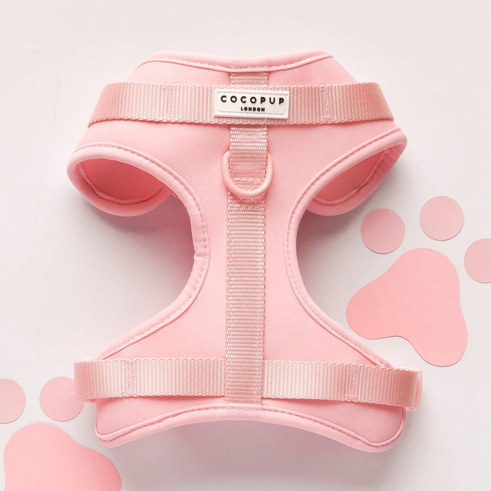 Pink adjustable neck harness with simple design and silver hardware, Cocopup London NAKD Candyfloss model.