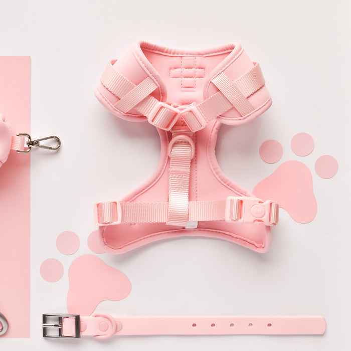 Pink adjustable dog harness with paw print pattern, from Cocopup London’s NAKD range in Candyfloss color.