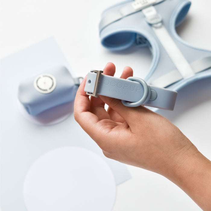 Hand holding a pink Cocopup London Bubblegum dog collar, with matching harness and accessories in the background.