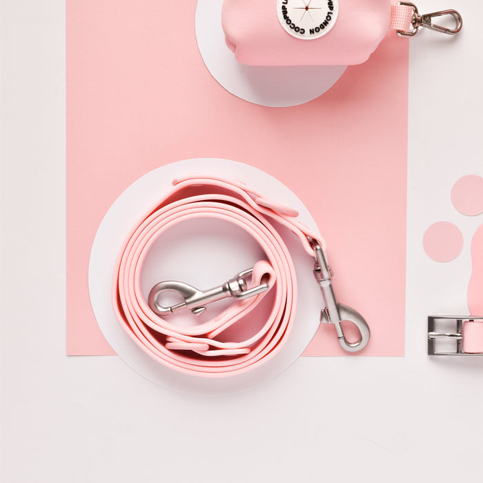 Cocopup London NAKD Candyfloss set in pink and white: harness, lead, collar, and poop bag holder on matching background.
