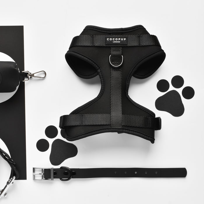 Black Cocopup London NAKD adjustable harness, lead, collar and poop bag holder set displayed on a white background.