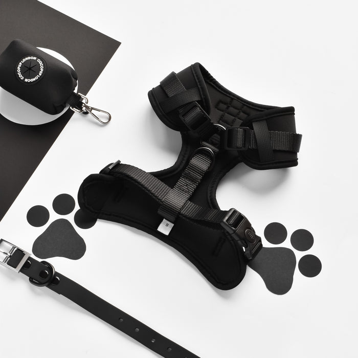 Black Cocopup London harness, lead, collar, and poop bag holder bundle arranged on a white background.