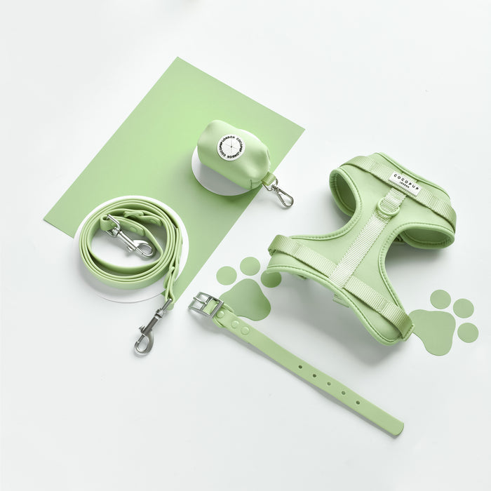 Pastel green adjustable harness, lead, collar and waste bag holder set from Cocopup London NAKD Matcha Bundle.