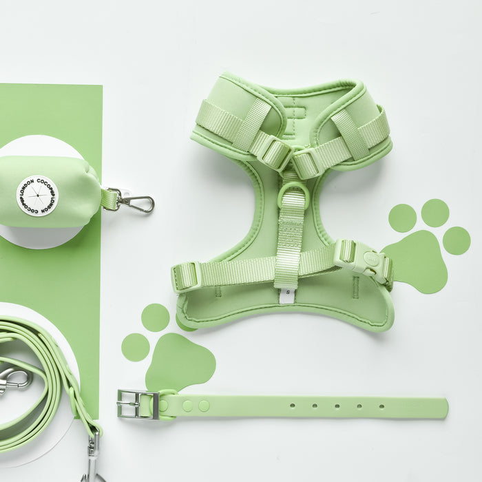 Cocopup London NAKD Matcha set with green adjustable harness, matching lead, collar, and poop bag holder.