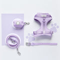Lilac dog harness, collar, lead, and poop bag holder set with silver hardware from Cocopup London.