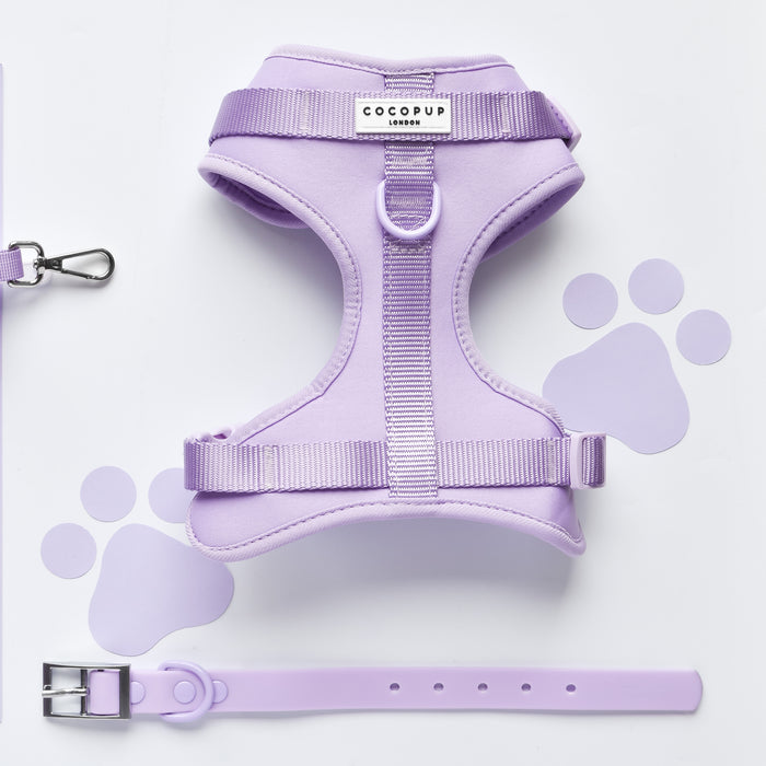 Cocopup London Parma Violets set with collar, harness, lead and poop bag holder in soft violet shade.