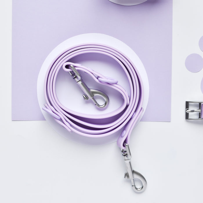 Purple Cocopup London harness, lead, collar, and poop bag holder set displayed on a white plate.
