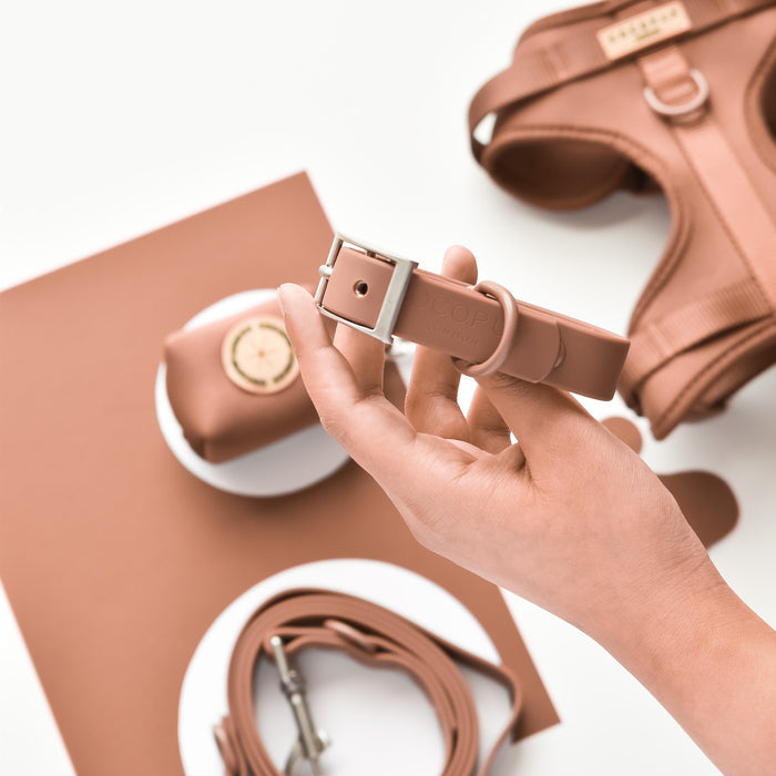 Hand holding a brown Cocopup London dog collar above matching dog accessories on a white and brown background.