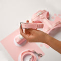 Hand holding a pink Cocopup London NAKD dog collar, with matching adjustable accessories on a white background.