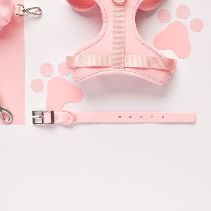 Pink adjustable collar with paw prints, matching leash, and harness, all neatly arranged.