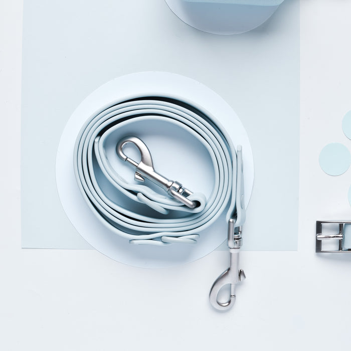 Blue Cocopup London NAKD Lead with metal clasps, coiled neatly on a pale background.