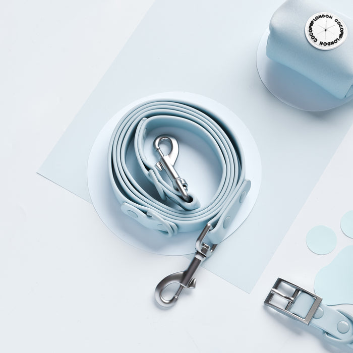 Blue coiled Cocopup London leash with metal clasp next to a silver buckle.