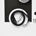 Black Cocopup London NAKD dog leash with metal clasps on a black and white geometric background.
