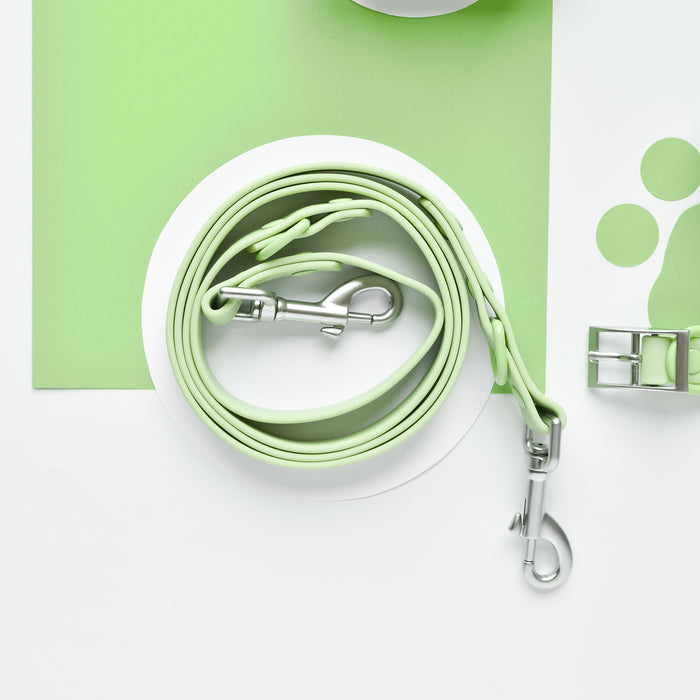 Sage green waterproof dog lead with metal clips, displayed on a paw print background.