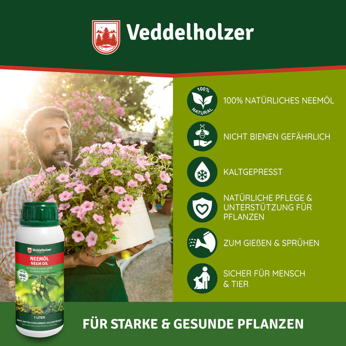 Mann mit Blütentopf, daneben sechs Vorteile: 100 % natürlich, nicht bienengefährlich, kaltgepresst, sicher für Mensch & Tier