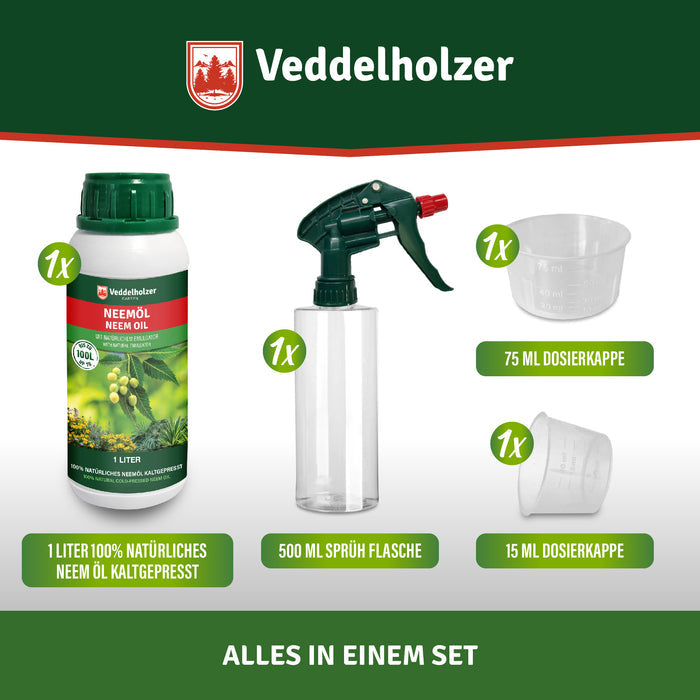 Setinhalt: 1 Liter kaltgepresstes Neemöl, 500-ml-Sprühflasche, 75-ml- und 15-ml-Dosierkappe – Bildtext „Alles in einem Set“
