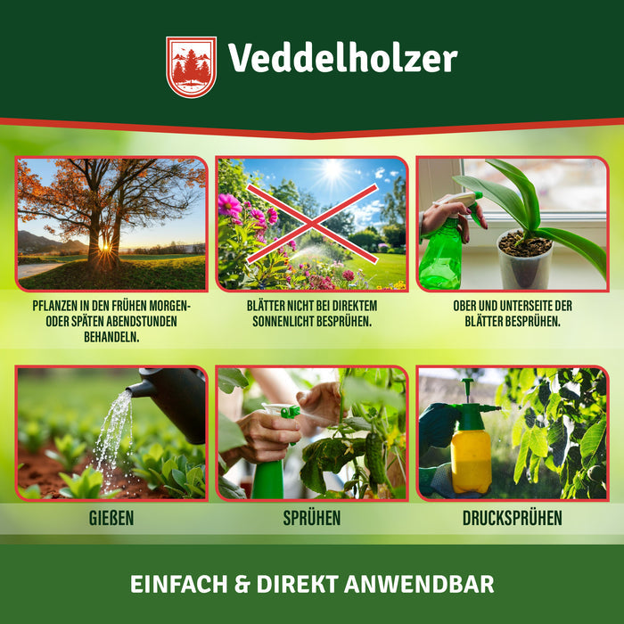Anwendung: morgens oder abends behandeln, nie bei praller Sonne, Blattober- und -unterseite benetzen – Gießen, Sprühen, Drucksprühen