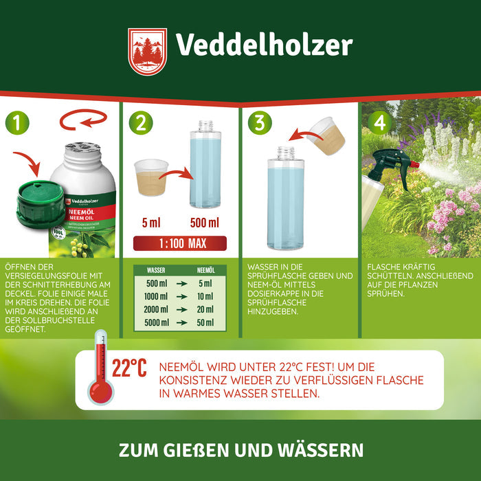 Dosiertabelle 1:100 – 5 ml Neemöl auf 500 ml Wasser, 10 auf 1000, 20 auf 2000, 50 auf 5000 ml; Hinweis: unter 22 °C wird das Öl fest