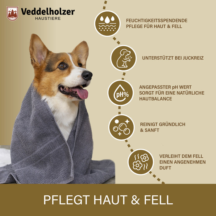 Corgi in ein graues Handtuch gewickelt; Nutzen: feuchtigkeitsspendend, bei Juckreiz, angepasster pH-Wert, sanfte Reinigung, Duft