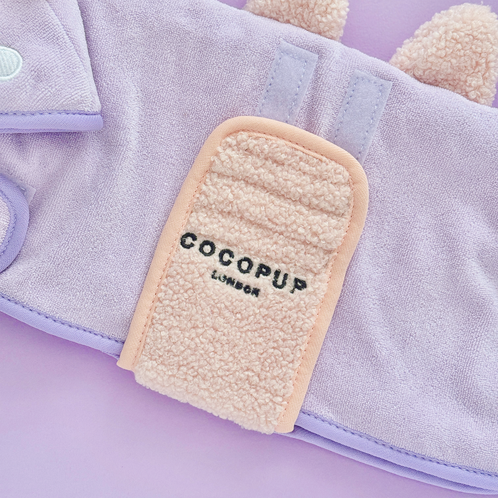 Lavender microfibre dog drying robe with a buckle, Cocopup Londons Nessie the Dino design.