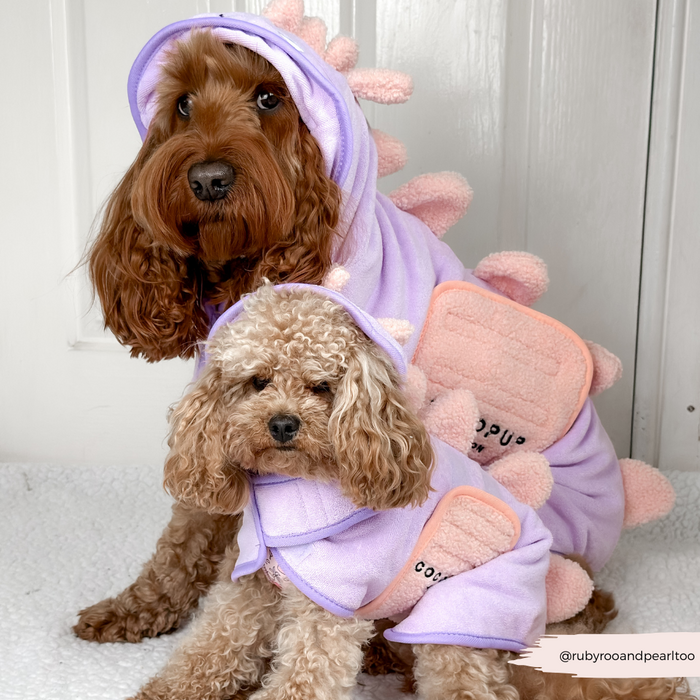 Two curly-haired dogs wear green Cocopup London Nessie the Dino drying robes, sitting by a white door with a dog towel.