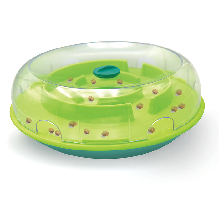 Nina Ottosson by Outward Hound Wobble Bowl slow feeder filled with kibble, front view