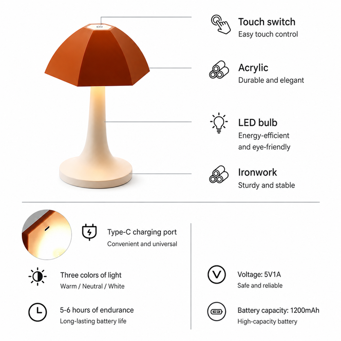 Nordic Mushroom LED Table Lamp - Rechargeable Bedside Light