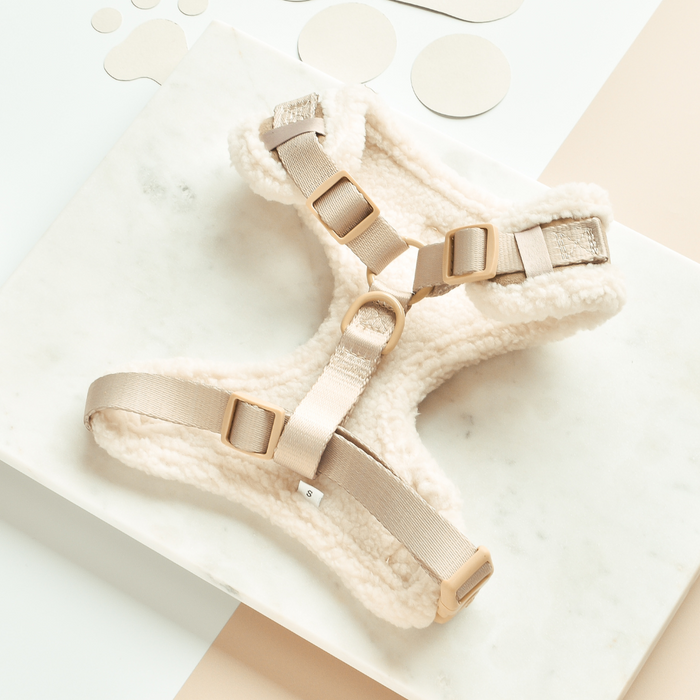 Nude adjustable neck harness with gold hardware by Cocopup London on a white marble surface.