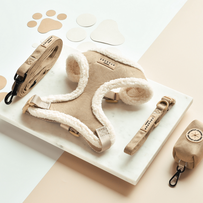 Nude Cocopup London Aviator lead and small dog accessory on white marble slab with grey paw prints.