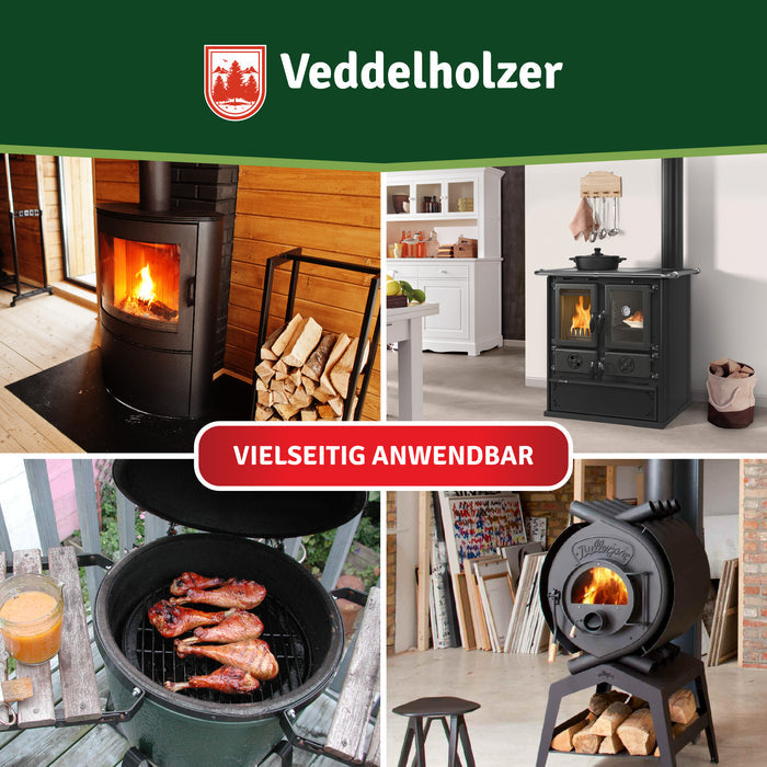 Vier Einsatzorte: moderner Kaminofen, Küchenherd, Keramikgrill mit Hähnchenschenkeln und Werkstattofen mit Holzstapel